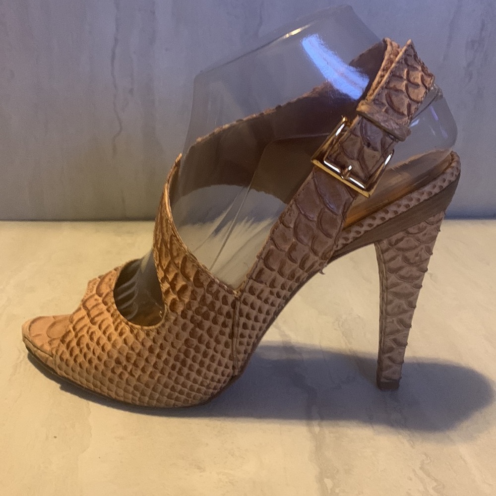 La Fenice Venezia Women's Brown Reptile Print Heelede Peep Toe Sandals Size 8.5